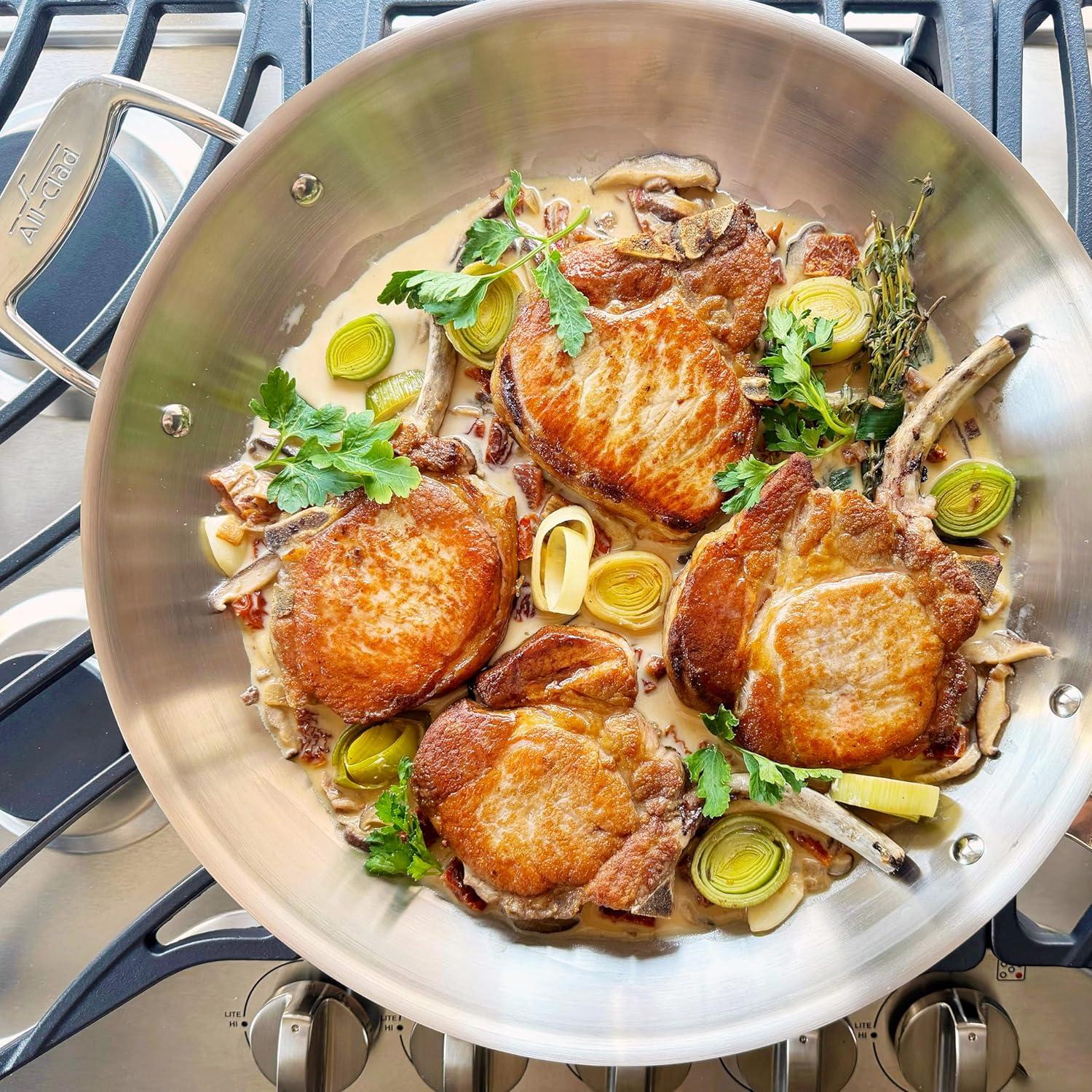 imageAllClad D5 5Ply Brushed Stainless Steel Fry Pan With Lid 14 Inch Compatible With Any Stovetop Including Induction Oven Broiler Safe 600F Pots and Pans Frying Pan Skillet Cookware Silver14Inch W Lid