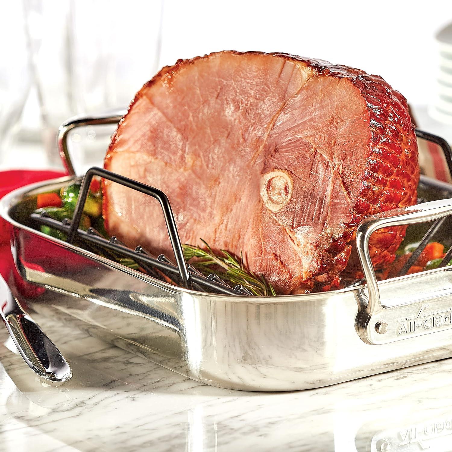 imageAllClad Specialty Stainless Steel Roaster with Nonstick Rack 11x14 Inch Oven Broiler Safe 600F Roaster Pan Pots and Pans Bakeware SilverSmall