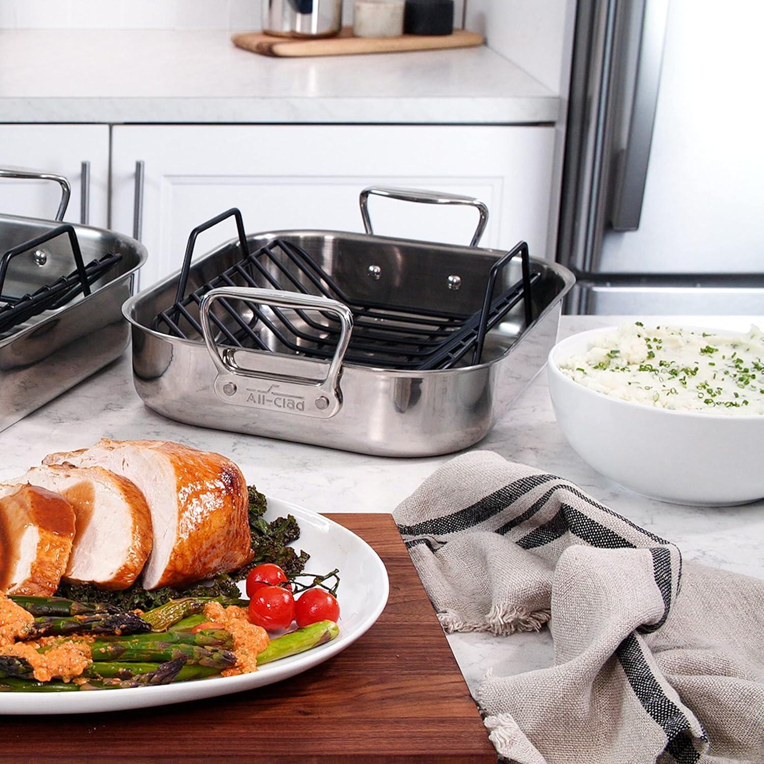 imageAllClad Specialty Stainless Steel Roaster with Nonstick Rack 11x14 Inch Oven Broiler Safe 600F Roaster Pan Pots and Pans Bakeware SilverSmall