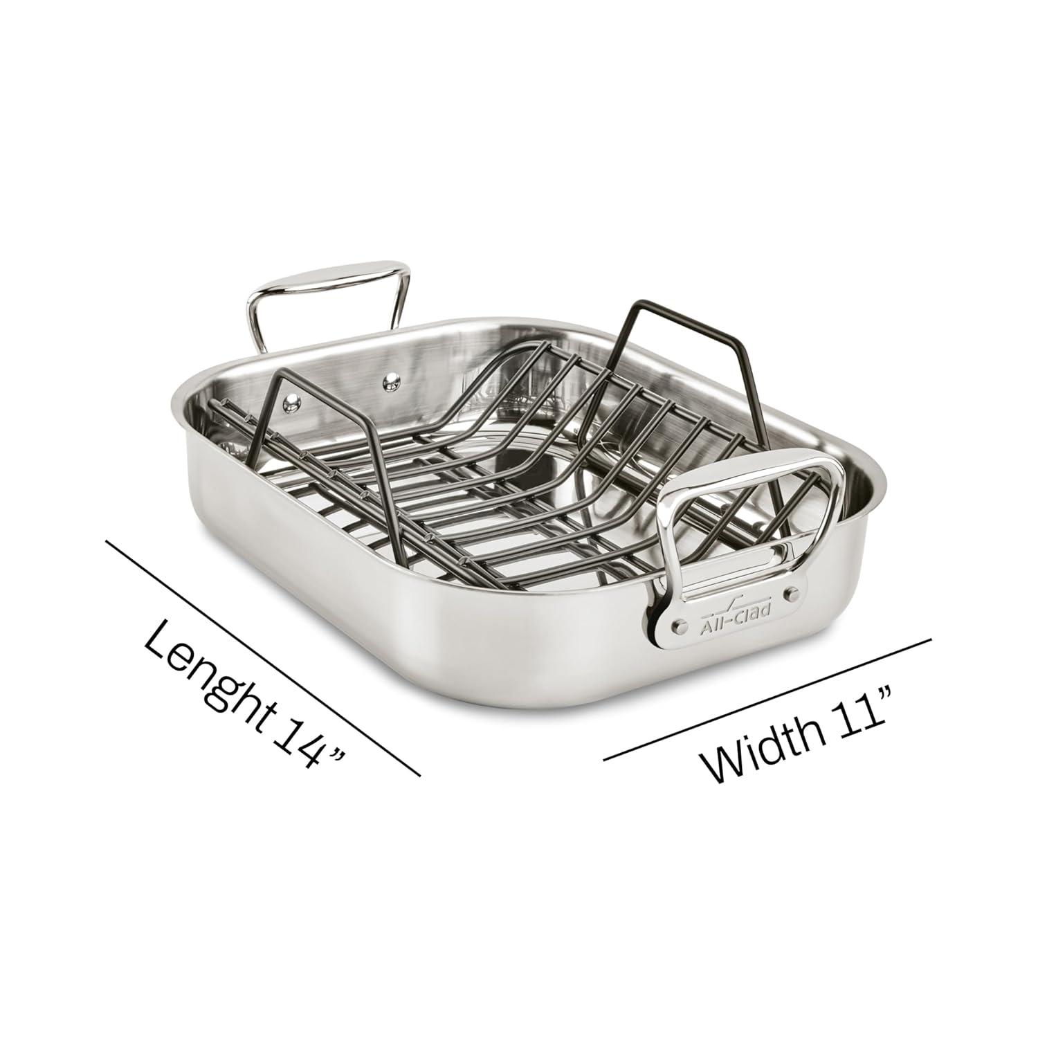 imageAllClad Specialty Stainless Steel Roaster with Nonstick Rack 11x14 Inch Oven Broiler Safe 600F Roaster Pan Pots and Pans Bakeware SilverSmall