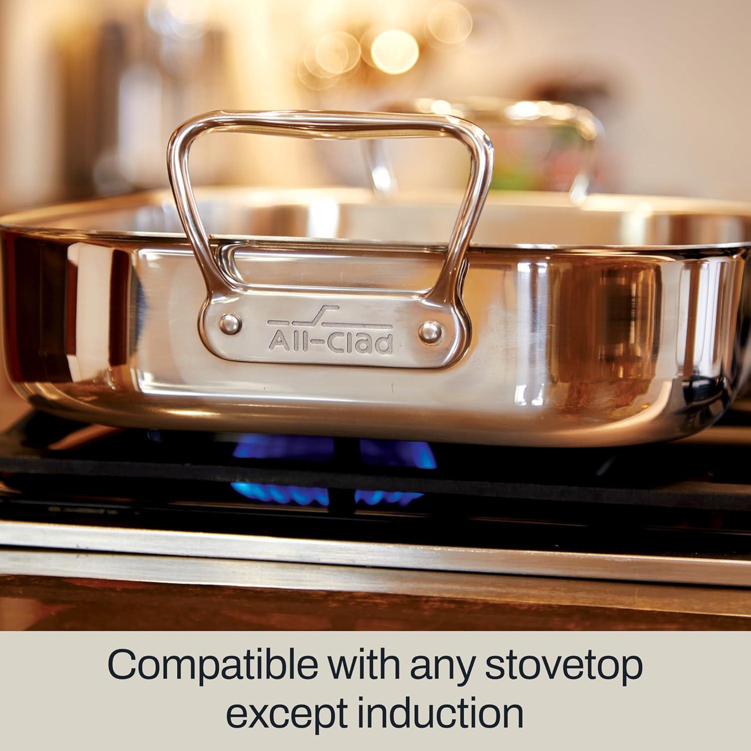 imageAllClad Specialty Stainless Steel Roaster with Nonstick Rack 11x14 Inch Oven Broiler Safe 600F Roaster Pan Pots and Pans Bakeware SilverSmall