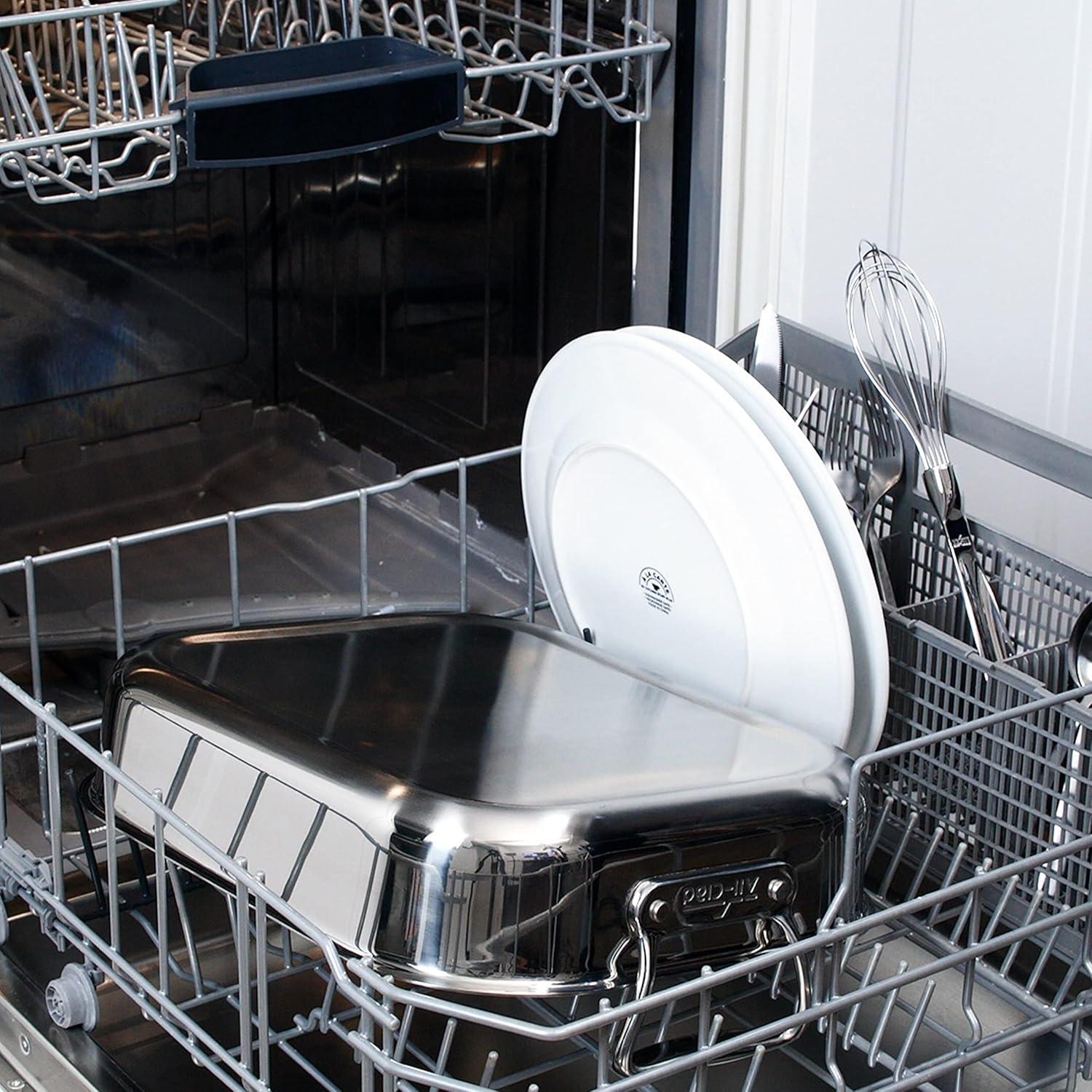 imageAllClad Specialty Stainless Steel Roaster with Nonstick Rack 11x14 Inch Oven Broiler Safe 600F Roaster Pan Pots and Pans Bakeware SilverSmall