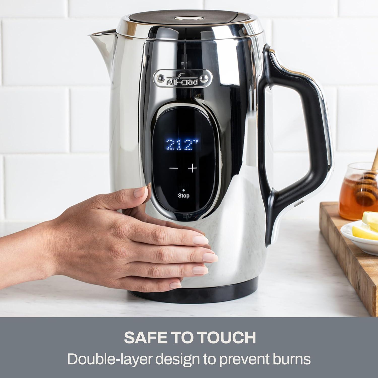 imageAllClad Stainless Steel Kettle 15 Liter Keep Warm Function 1500 Watts Adjustable Temperature Safe to Touch Fast Boiling Silver