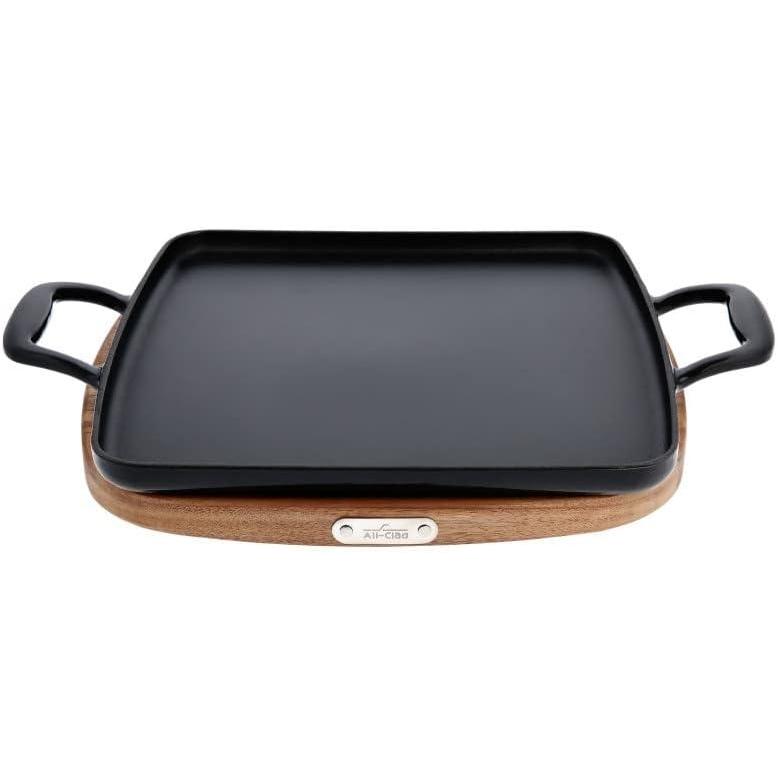imageAllClad Cast Iron Enameled Square Griddle with Acacia Trivet 11 Inch Induction Oven Broiler Safe 650F Pots and Pans Cookware BlackGriddle Pan