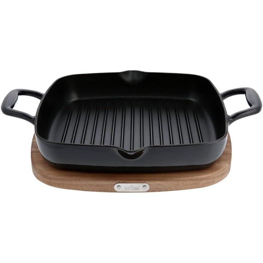 imageAllClad Cast Iron Enameled Square Griddle with Acacia Trivet 11 Inch Induction Oven Broiler Safe 650F Pots and Pans Cookware BlackGrill Pan