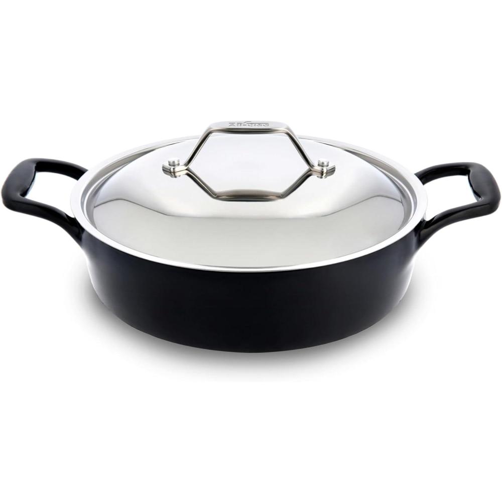 imageAllClad Cast Iron Skillet  12 Enameled Cast Iron Pan with Lid Enamel Coating Grill Oven Safe up to 650F ampamp Compatible with All Stovetops Gas Electric ampamp Induction EasyClean Frying Pan Black4 Quart