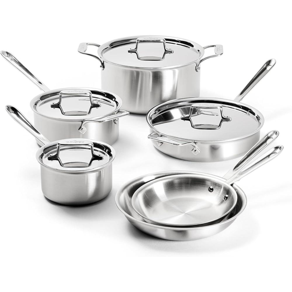 imageAllClad D5 Brushed 5 Ply Stainless Steel Cookware Set 10 Piece w Frying Pans Pots and Pans Set Induction Oven Broiler Safe 600F SilverD5 Stainless Steel Set