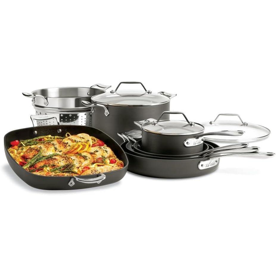imageAllClad Essentials Hard Anodized Nonstick Sauce Pan Set 4 Piece 8 1025 Inch 4 Quart Oven Broiler Safe 500F Pots and Pans Cookware Black10Piece Set