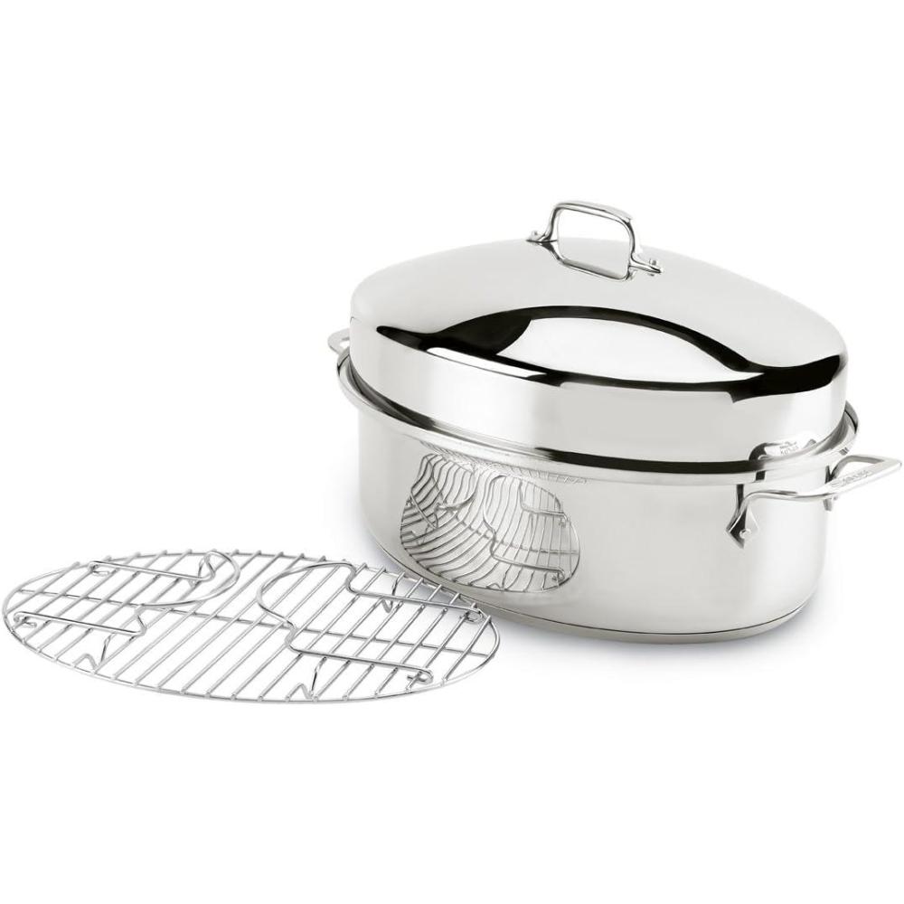 imageAllClad Specialty Stainless Steel Covered Oval Roaster 3 Piece 19x12x10 Inch Oven Broiler Safe 600F Roaster Pan Pots and Pans Cookware Silver