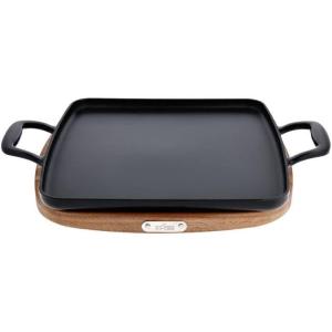 All-Clad Cast Iron Enameled Square Griddle with Acacia Trivet 11 Inch Induction Oven Broiler Safe 650F Pots and Pans, Cookware Black(Griddle Pan)