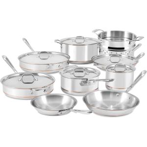 All-Clad Copper Core 5 Ply Stainless Steel Cookware Set 15 Piece, Oven Broiler Safe 600F, Cookware, Stockpot, Pots and Pans Set, Silver(15-Piece)