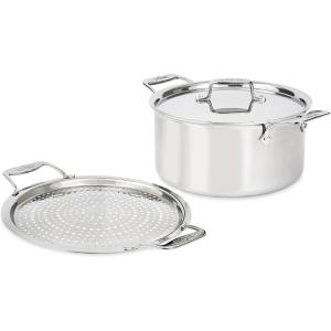 All-Clad D5 5-Ply Brushed Stainless Steel Stockpot with lid and Strain & Splatter Guard, 8-Quart, Induction, Oven & broiler safe up to 600°F, Cookware, Pots and Pans, Kitchen Essential, Silver(8-Quart Stockpot)
