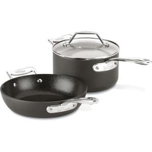 All-Clad Essentials Hard Anodized Nonstick Sauce Pan Set 4 Piece, 8, 10.25 Inch, 4 Quart Oven Broiler Safe 500F Pots and Pans, Cookware Black(3-Piece Set)