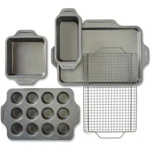 All-Clad Pro-Release Nonstick Bakeware Set 10 Piece Oven Safe 450F Half Sheet, Cookie Sheet, Muffin Pan, Cooling & Baking Rack, Round Cake Pan, Loaf Pan, Baking Pan Grey(5-Piece)