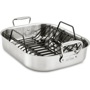 All-Clad Specialty Stainless Steel Roaster and Nonstick Rack 16x13x5 Inch Oven Broiler Safe 600F Roaster Pan, Pots and Pans, Bakeware, Turkey, Silver(16×13 in)