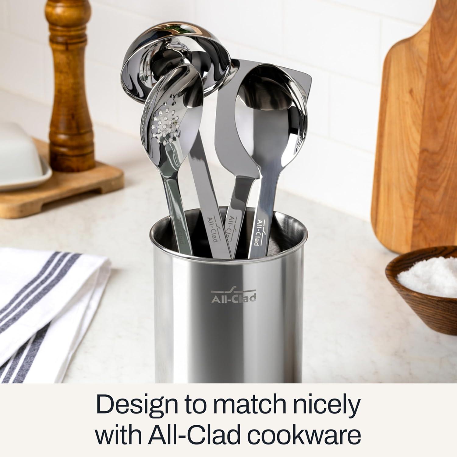 imageAllClad 5Piece Stainless Steel Kitchen Utensil Set Includes Ladle Solid Spoon Slotted Spoon Turner ampamp Storage Caddy HeavyGauge Ergonomic Dishwasher Safe Silver