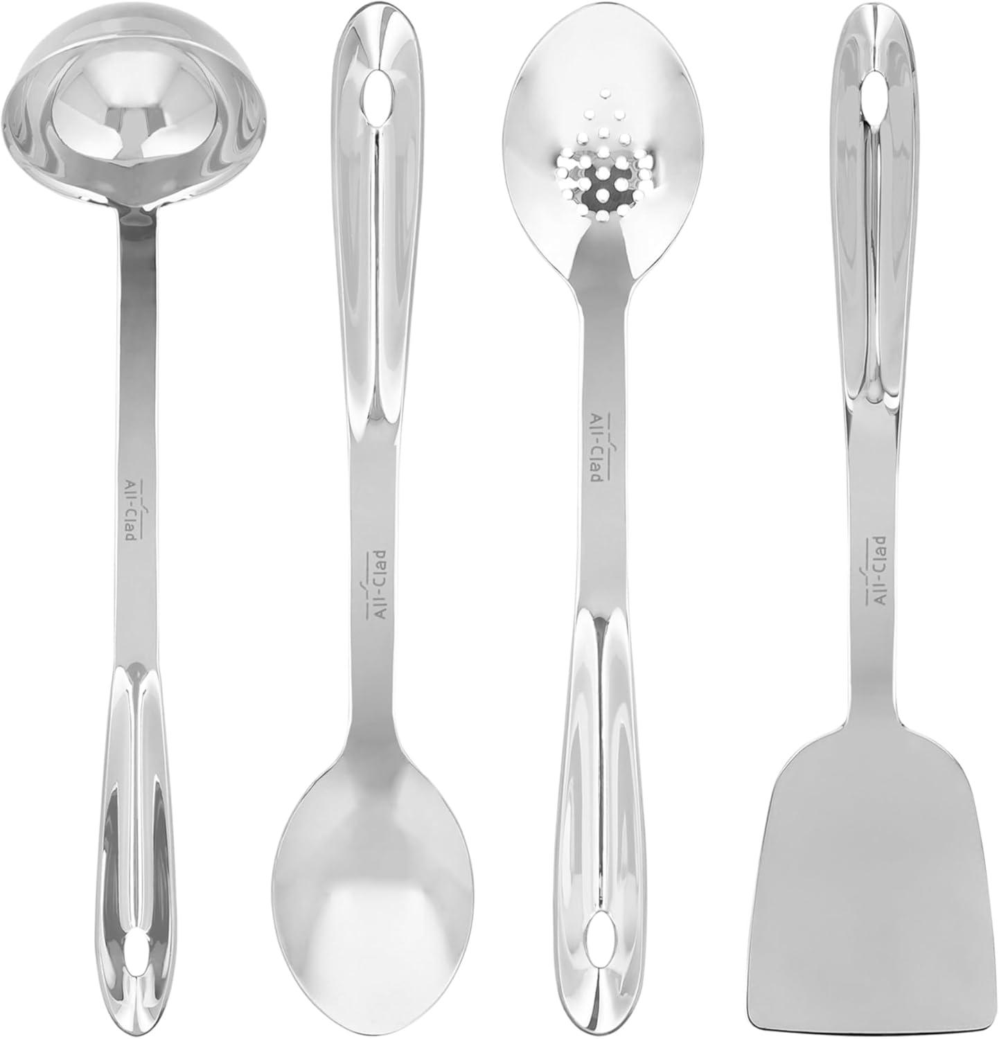imageAllClad 5Piece Stainless Steel Kitchen Utensil Set Includes Ladle Solid Spoon Slotted Spoon Turner ampamp Storage Caddy HeavyGauge Ergonomic Dishwasher Safe Silver