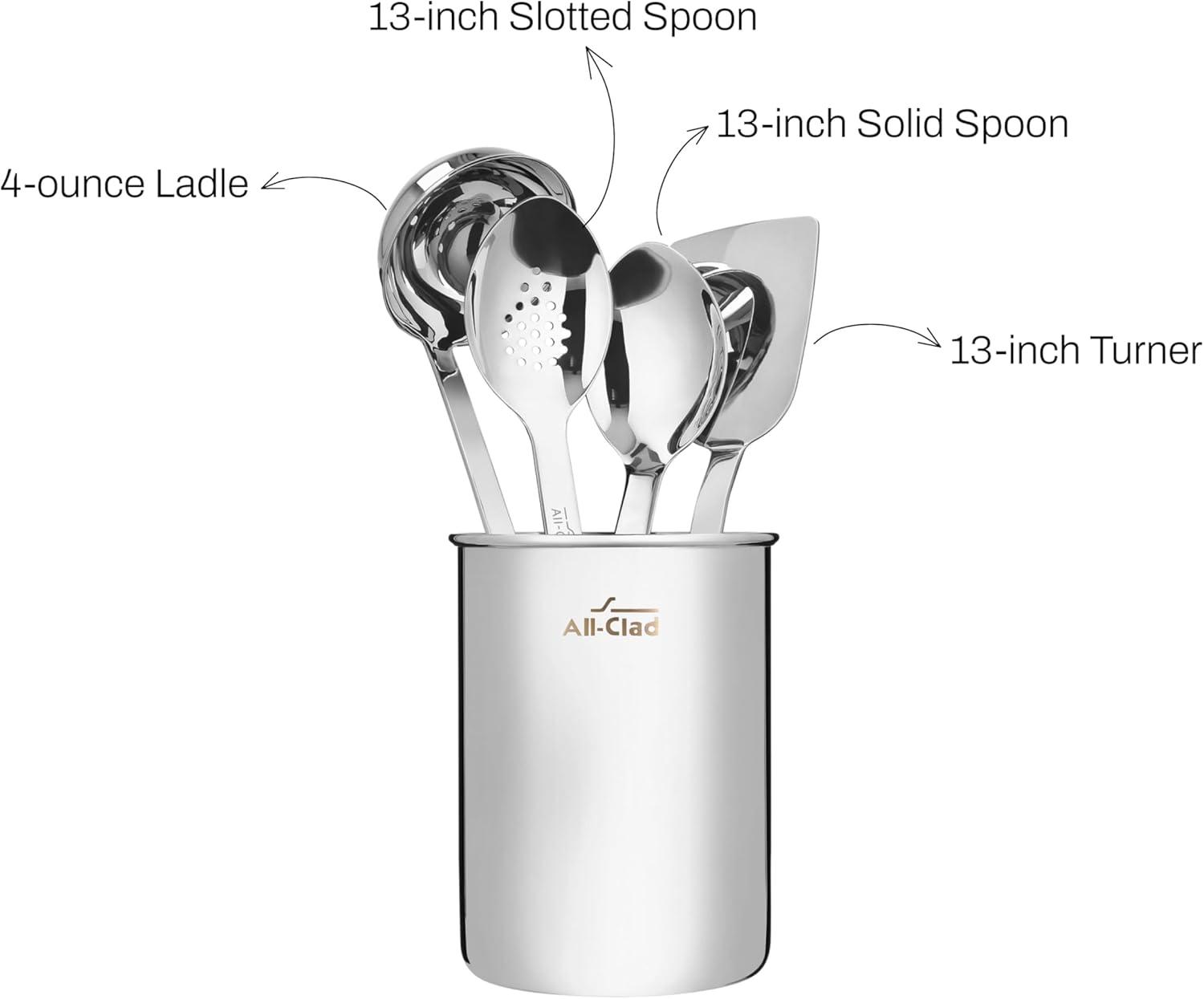 imageAllClad 5Piece Stainless Steel Kitchen Utensil Set Includes Ladle Solid Spoon Slotted Spoon Turner ampamp Storage Caddy HeavyGauge Ergonomic Dishwasher Safe Silver