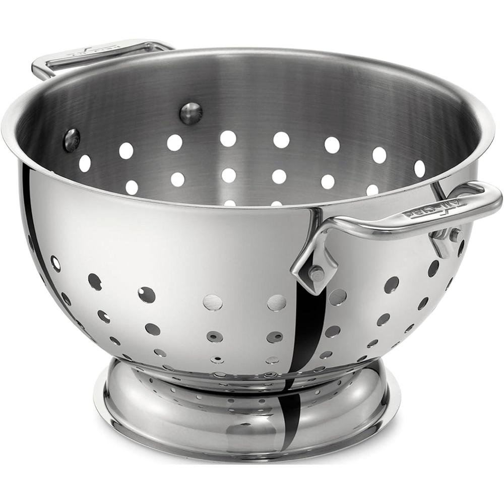 imageAllClad Tools and Accessories Stainless Steel Colander 3 Quart Strainer Pasta Strainer with Handle Pots and Pans Silver5Quart
