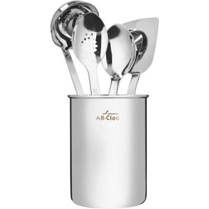 All-Clad 5-Piece Stainless Steel Kitchen Utensil Set – Includes Ladle, Solid Spoon, Slotted Spoon, Turner & Storage Caddy – Heavy-Gauge, Ergonomic, Dishwasher Safe, Silver