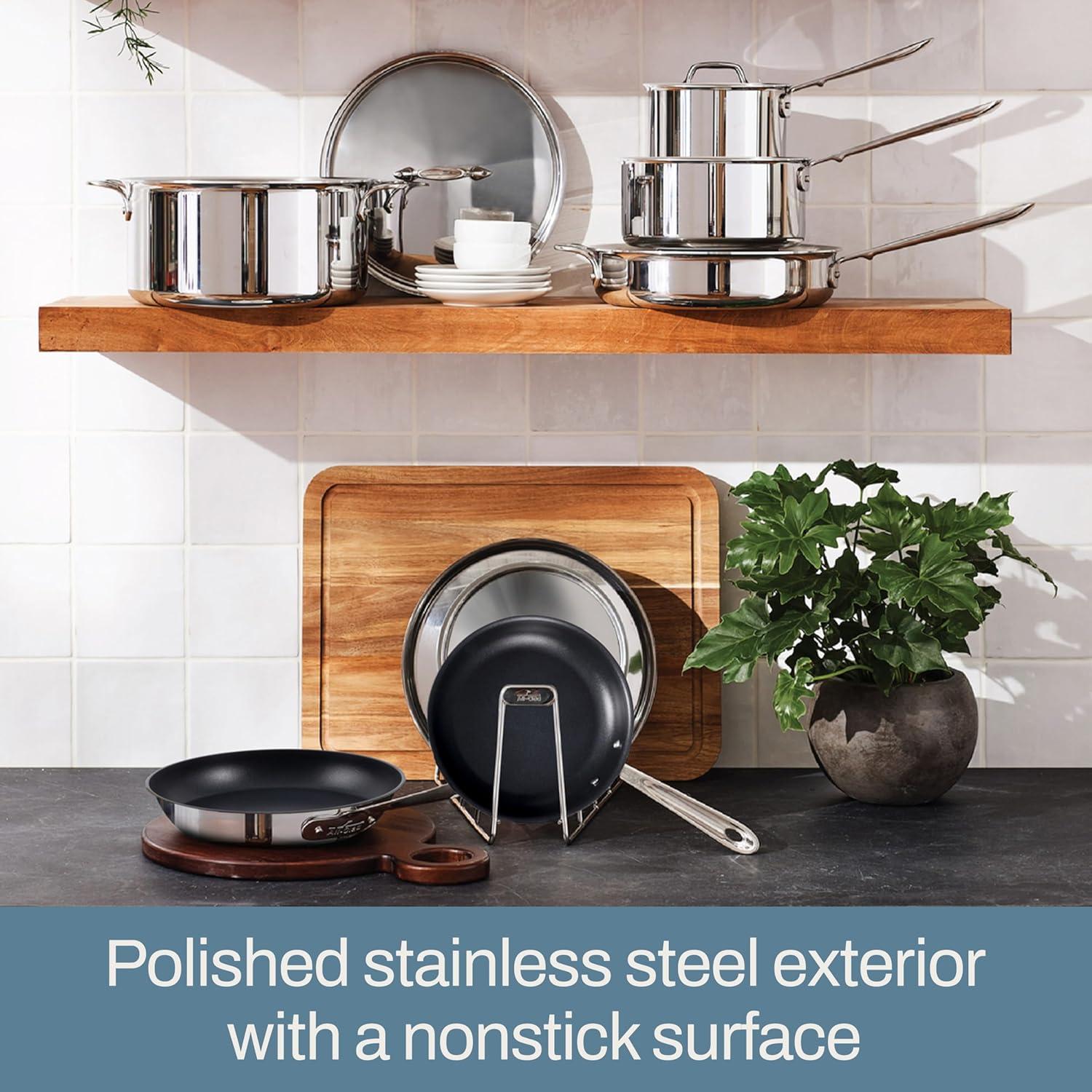 imageAllClad D3 3Ply Stainless Steel Non Stick Cookware Set 10 Piece Induction Oven Broiler Safe 600F Kitchen Cooking Set w Frying Pans Saucepans Saute Pan Stockpot Lids Pots and Pans SilverStainless Steel Silver with Black interior