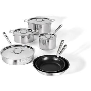 All-Clad D3 3-Ply Stainless Steel Non Stick Cookware Set 10 Piece, Induction, Oven Broiler Safe 600F, Kitchen Cooking Set w/ Frying Pans, Saucepans, Saute Pan, Stockpot, Lids, Pots and Pans, Silver(Stainless Steel Silver)