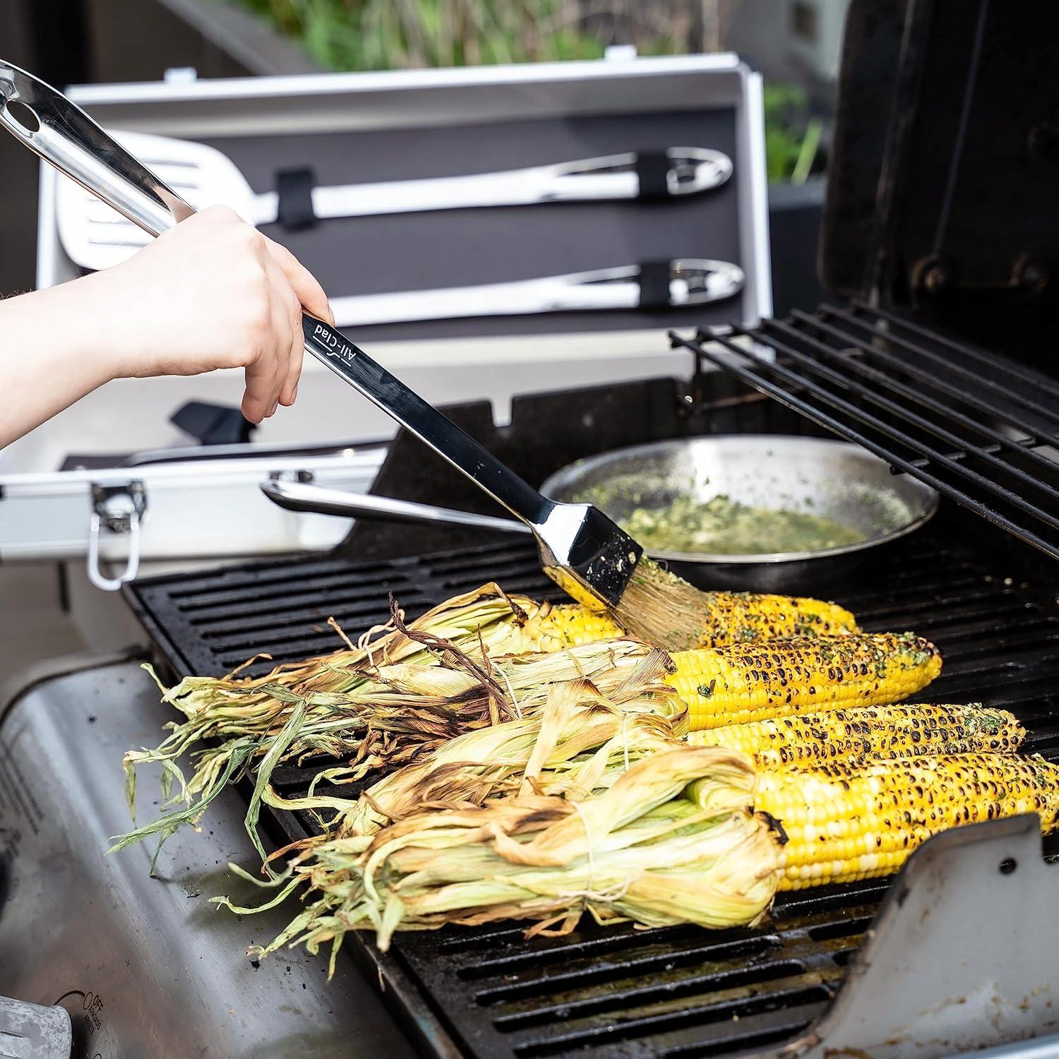 imageAllClad Professional Tools with Case Stainless Steel BBQ Tool Set 4 Piece Pots and Pans Cookware SilverWo case