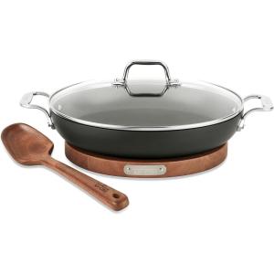All-Clad HA1 Hard Anodized Nonstick Sauteuse Pan with Acacia Trivet and Spoon 4 Piece, 4 Quart Induction Oven Broiler Safe 500F, Lid Safe 350F Pots and Pans, Cookware Black(3-Quart)