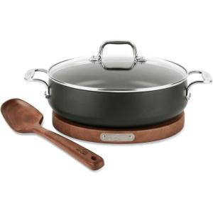 All-Clad HA1 Hard Anodized Nonstick Sauteuse Pan with Acacia Trivet and Spoon 4 Piece, 4 Quart Induction Oven Broiler Safe 500F, Lid Safe 350F Pots and Pans, Cookware Black(4 Quarts)